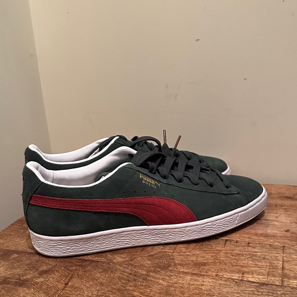 Puma Suede Sneakers with Dark Green and Red Accents